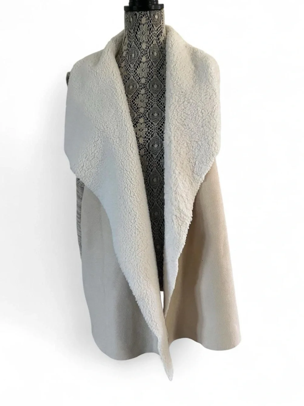 Cozy Cream Sherpa-Trim Draped Wrap Vest